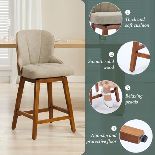 Set of 4 Swivel Counter Height Bar Stools with Bentwood Backs for Kitchen Island - Beige