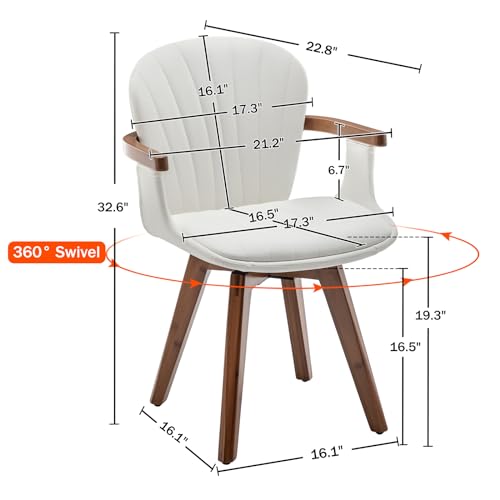 LUNLING Mid Century Modern White Faux Leather Swivel Chair Set, Bamboo Legs
