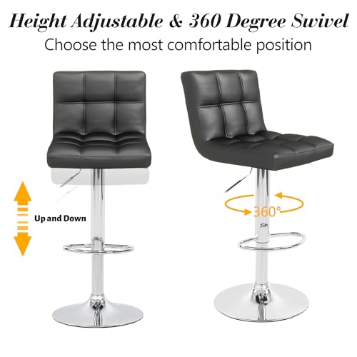 Modern Black PU Leather Bar Stool Set, Adjustable Swivel Chair, Backrest, Large Base for Kitchen Island