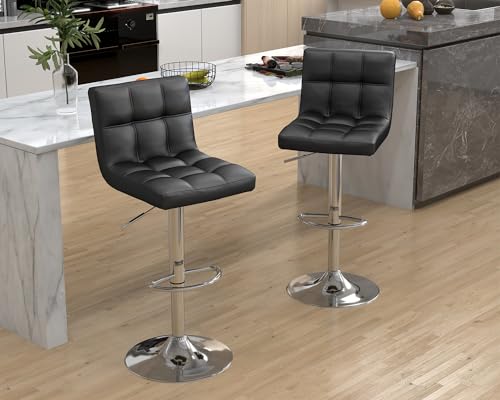 Modern Black PU Leather Bar Stool Set, Adjustable Swivel Chair, Backrest, Large Base for Kitchen Island