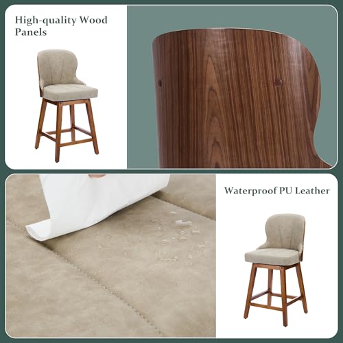 Set of 4 Swivel Counter Height Bar Stools with Bentwood Backs for Kitchen Island - Beige