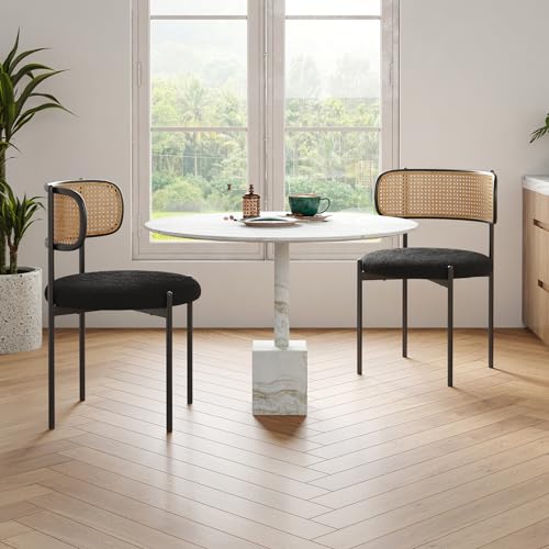 Black Upholstered Dining Chair Set with Rattan Back and Metal Legs