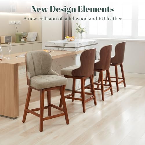 Set of 4 Swivel Counter Height Bar Stools with Bentwood Backs for Kitchen Island - Beige