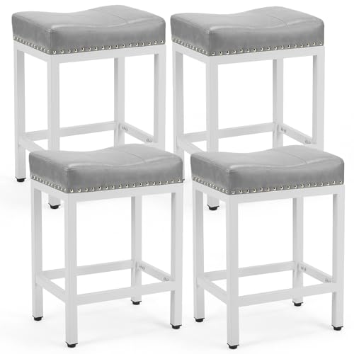 DUMOS Set of 4 Grey 24-Inch Upholstered Bar Stools with Metal Base
