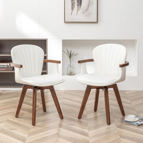 LUNLING Mid Century Modern White Faux Leather Swivel Chair Set, Bamboo Legs