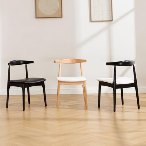 Mid Century Modern Natural Wood Dining Chair Set with Linen Cushions