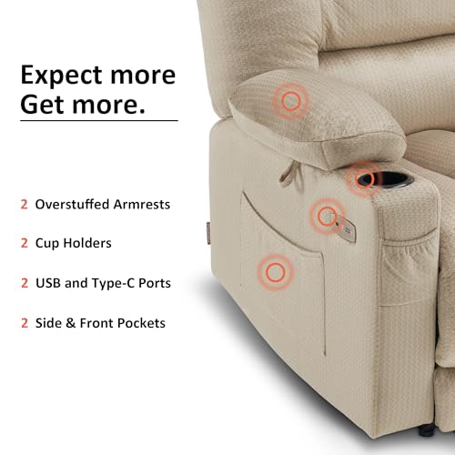 Electric Recliner Chair with Heat, Massage, and USB Ports for Living Room - Beige Large 25.5 Seat Width