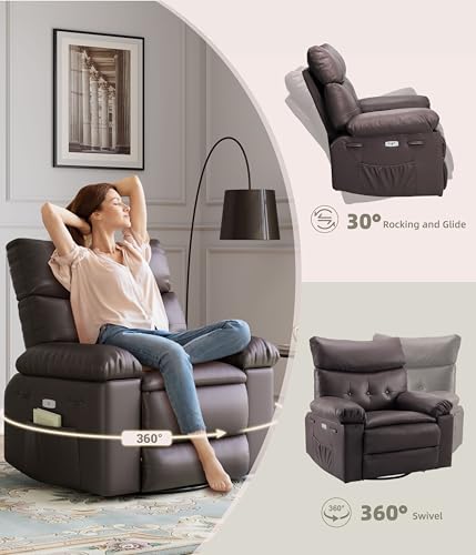 Oversized Electric Recliner with Heat & Massage, 360° Swivel PU LeatherChair