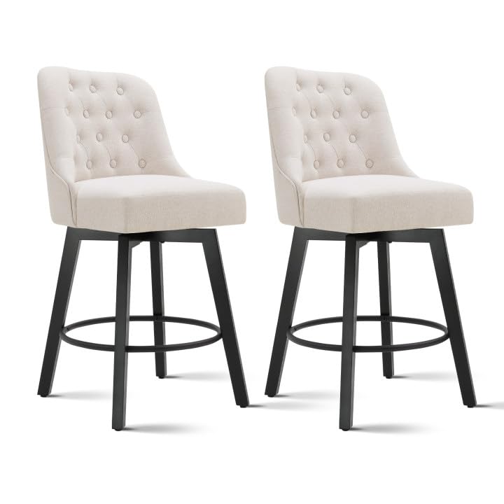Beige Fabric Swivel Barstools, 26" Height, Kitchen Island Set of 2