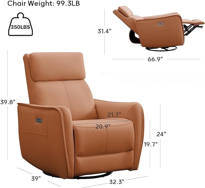 Electric Swivel Recliner with USB Port for Nursery and Living Room, Orange