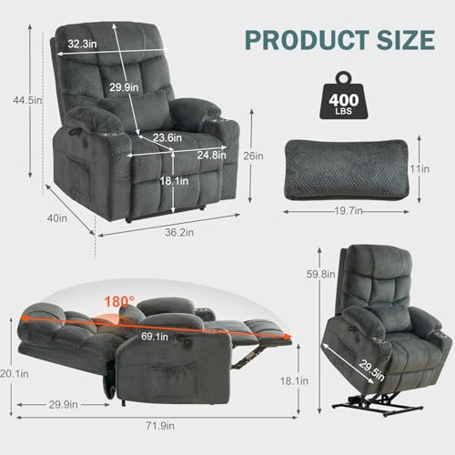 CDCASA Oversized Power Recliner with Massage & Heating, Grey