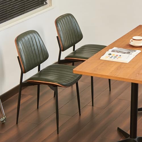 Mid-Century Modern Dark Green Faux Leather Dining Chair Set