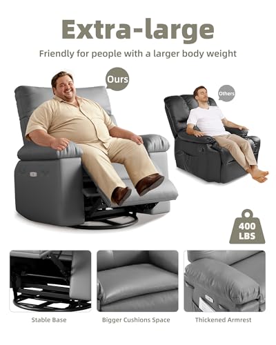 Electric Oversized Power Recliner Chair with Heat & Massage, PU Leather, 360° Rocking