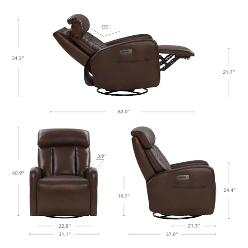 Cognac Brown CHITA Leather Recliner with Triple Motor & Charging Ports