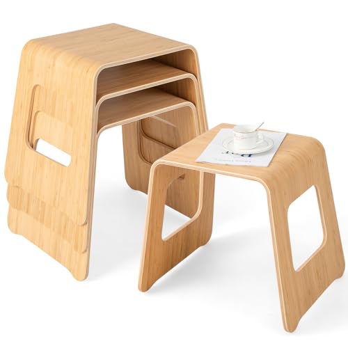 GOFLAME Stackable Bamboo Stools, 4-Piece Anti-Slip Home Seating