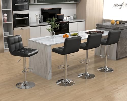 Modern Black PU Leather Bar Stool Set, Adjustable Swivel Chair, Backrest, Large Base for Kitchen Island