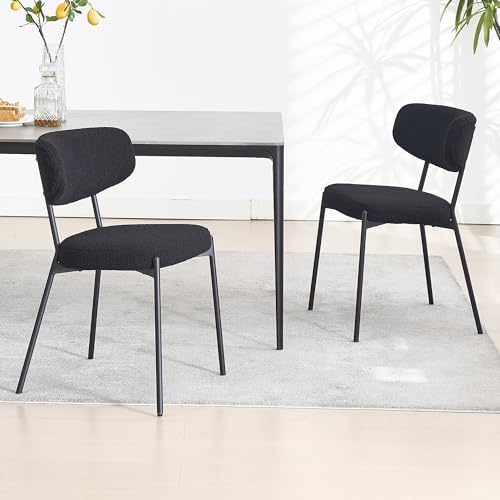 KCC Black Boucle Dining Chair Set of 2, Modern Mid-Century Upholstered
