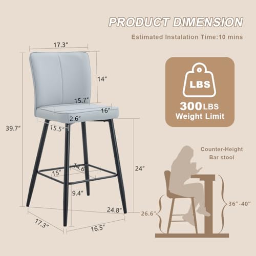 Grey Counter Height Bar Stools Set of 4, 27" Kitchen Island Stools with Back