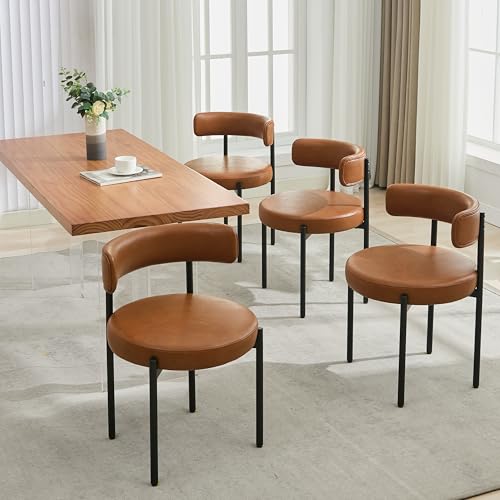Mid Century Modern Faux Leather Dining Chairs Set of 4, Brown Barrel Backrest Kitchen Chairs