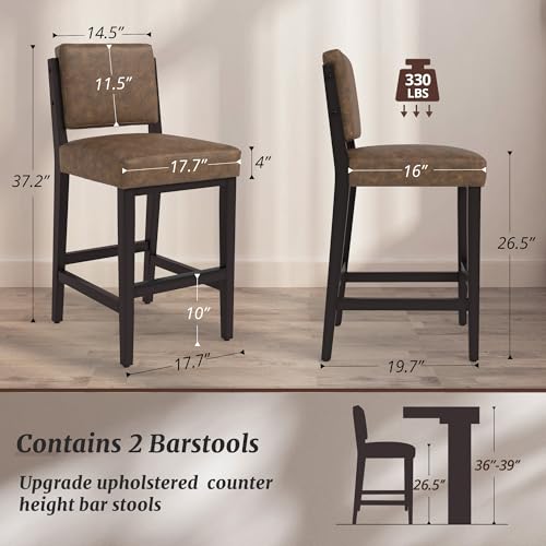 Mid Century Modern 26.5" Bar Stools, Set of 2, Espresso Wood & Brown Faux Leather