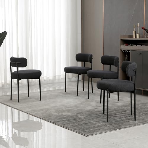 Mid-Century Modern Black Boucle Dining Chair Set of 4