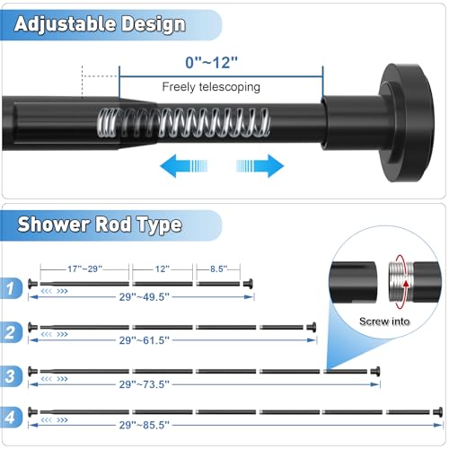 PrettyHome Adjustable Curved & Spring Shower Rods - Black and Chrome