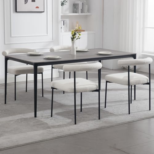 Modern DupMay Sherpa Upholstered Dining Chairs Set of 4, White Metal Legs Boucle Curved Back