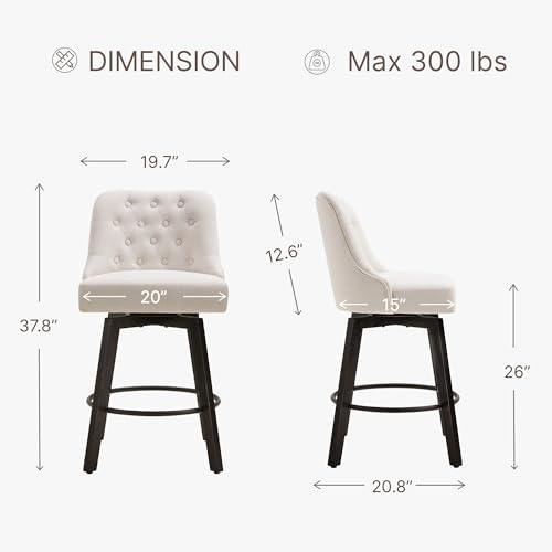 Beige Fabric Swivel Barstools, 26" Height, Kitchen Island Set of 2