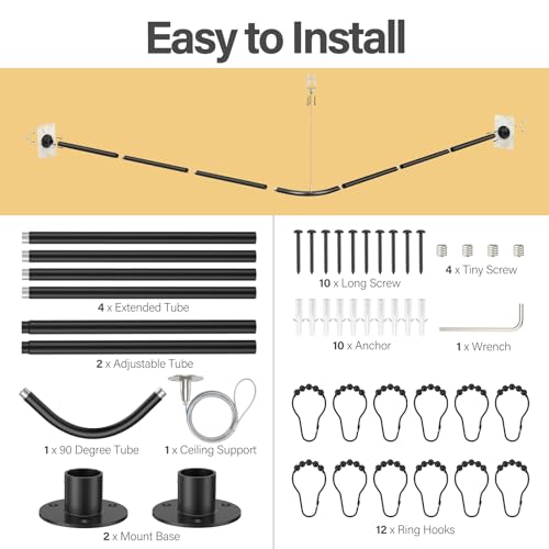 Black Adjustable L-Shaped Corner Shower Curtain Rod