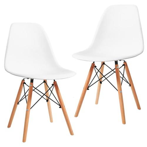 CangLong Modern Mid-Century White Plastic Lounge Chair with Natural Wood Legs Set of 2