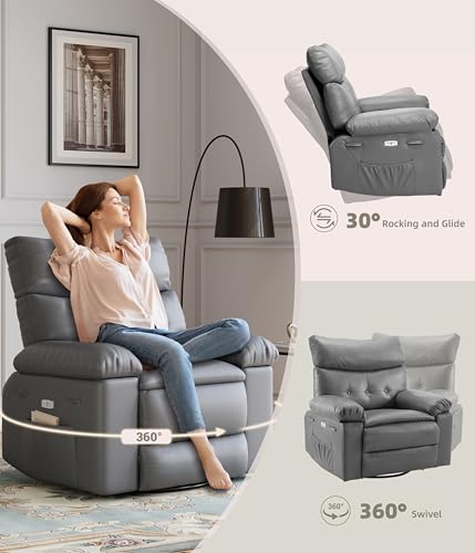 Electric Oversized Power Recliner Chair with Heat & Massage, PU Leather, 360° Rocking