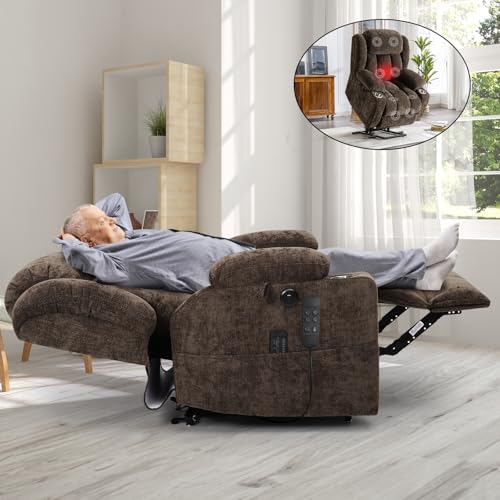 Brown Chenille Recliner with Dual Motors, Heat & Massage for Elderly
