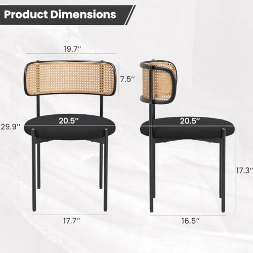 Modern Upholstered Dining Chairs Set of 4 with Rattan Back and Metal Legs, Black