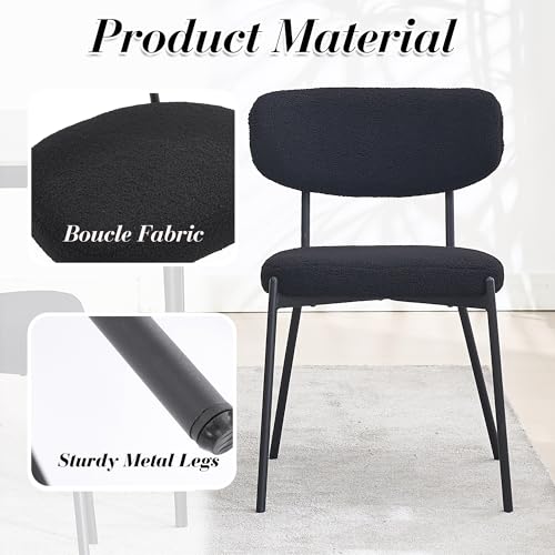 KCC Black Boucle Dining Chair Set of 2, Modern Mid-Century Upholstered