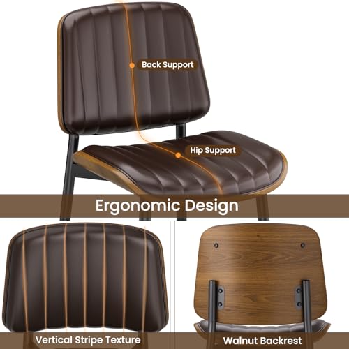 Mid Century Modern Dining Chair Set, PU Leather Vertical Stripe, Walnut Legs, Brown