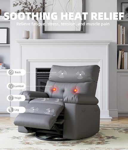 Electric Oversized Power Recliner Chair with Heat & Massage, PU Leather, 360° Rocking