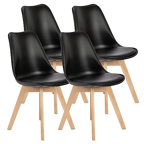 Set of 4 Mid-Century Modern Dining Chairs with Leather Cushion and Wood Legs