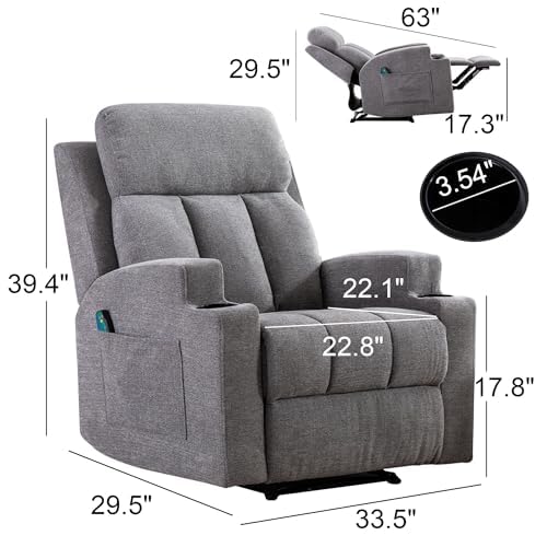 Phoenix Home Gray Manual Recliner with Massage & Heat, Overstuffed Fabric, 2 Side Pockets, Remote Control