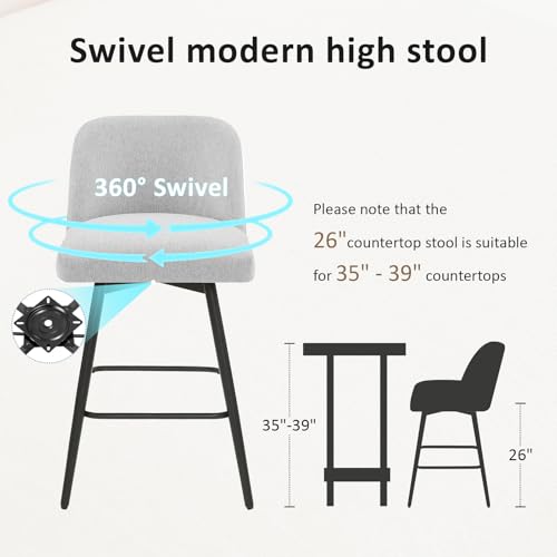 360° Swivel Modern Kitchen Stools, Grey Fabric, 26" Counter Height (Set of 3)
