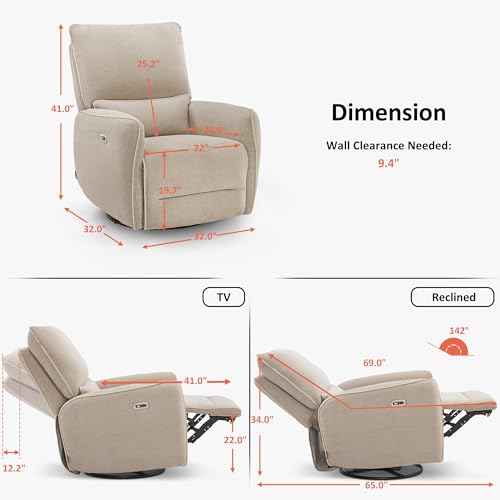 Electric Swivel Rocker Recliner Chair with USB Ports for Living Room and Nursery