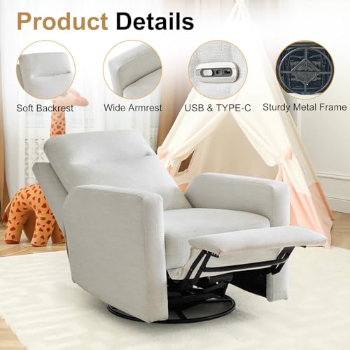 Linen Recliner Chair with USB, Beige Grey Glider Nursery