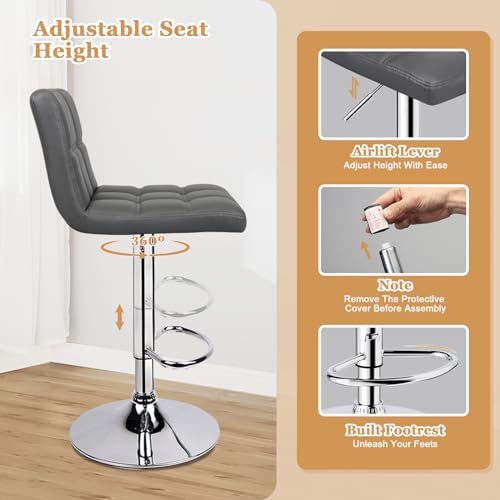 Adjustable Grey Swivel Bar Stools for Kitchen Island (Set of 2)