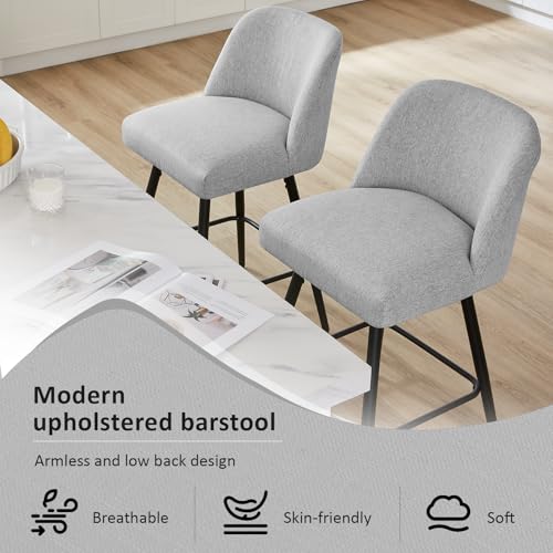 360° Swivel Modern Kitchen Stools, Grey Fabric, 26" Counter Height (Set of 3)