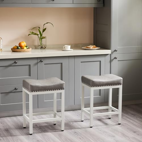 DUMOS Set of 4 Grey 24-Inch Upholstered Bar Stools with Metal Base