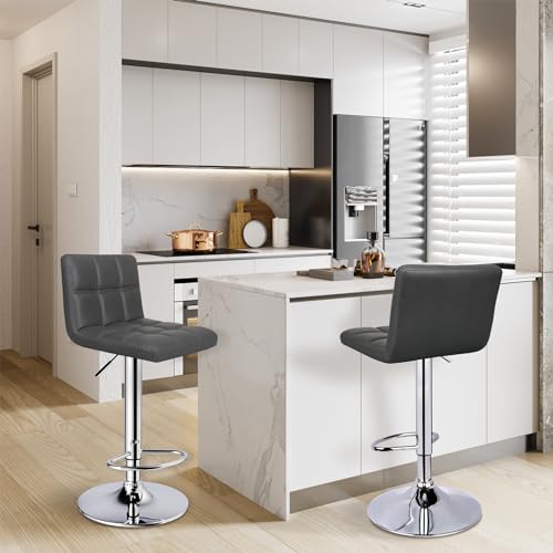 Set of 2 Adjustable Swivel Bar Stools for Kitchen Island - Grey