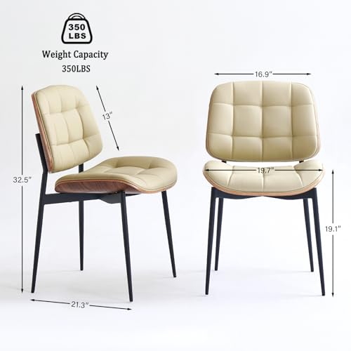 Mid Century Modern Walnut Back Dining Chairs, Beige Faux Leather, Set of 4