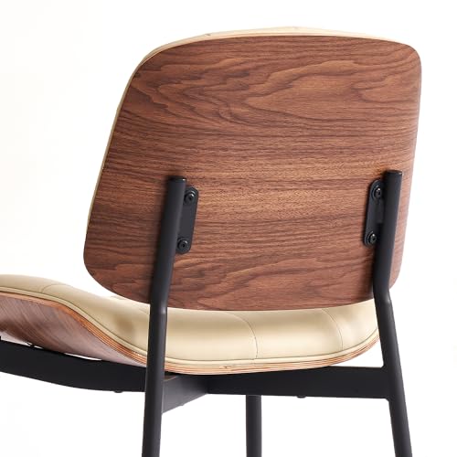 Mid Century Modern Walnut Back Dining Chairs, Beige Faux Leather, Set of 4