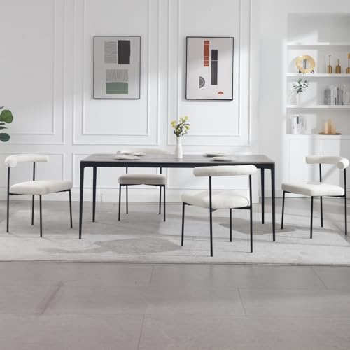 Modern DupMay Sherpa Upholstered Dining Chairs Set of 4, White Metal Legs Boucle Curved Back