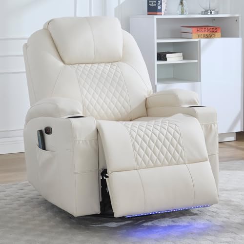 Beige 1-Seater Oversized Heated Massage Rocker Recliner Chair with LED Lights/Cup Holder/Side Pocket