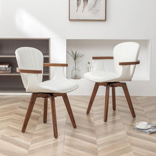 LUNLING Mid Century Modern White Faux Leather Swivel Chair Set, Bamboo Legs